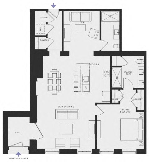 Floor plan for 1 bed, 2 baths, 1275 sqft